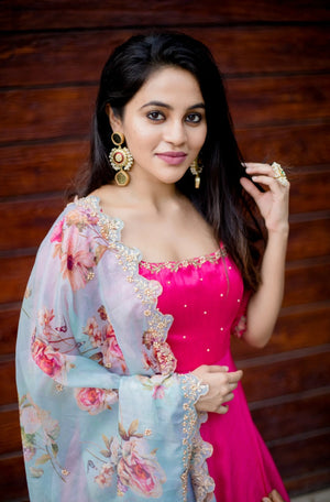 Hot Pink Anarkali With Floral Duppatta