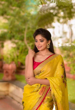 Yellow Floral Pure Linen Saree
