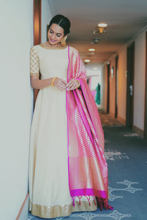 Off - White Embroidered Anarkali with Pink Banaras Duppatta
