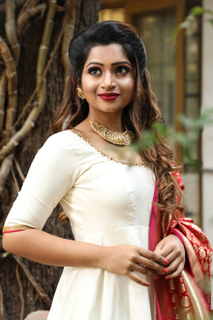 Off - White Silk Anarkali with Banaras Duppatta