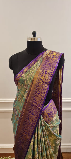 Green with Purple Banarasi Tissue saree
