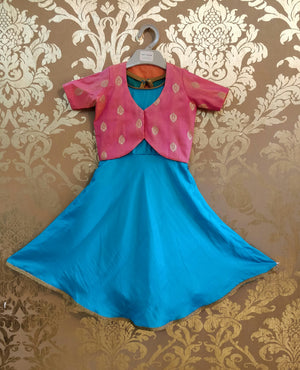 Turquoise Soft Silk Full Flare Dress With Pure Brocade Peach Jacket !!