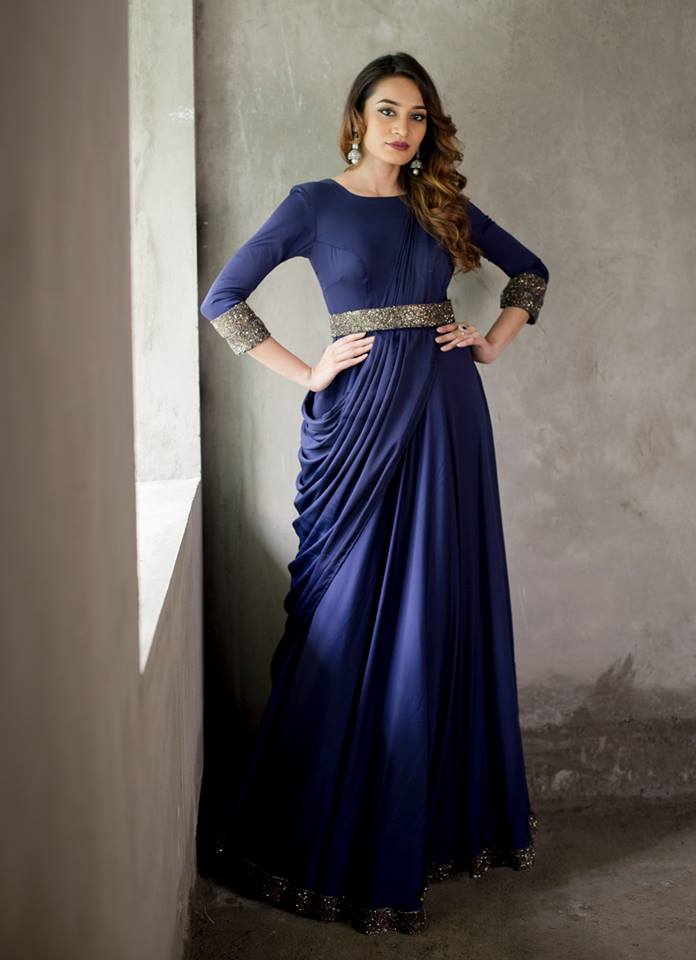 Photo of Navy blue flared off shoulder gown | Engagement dress for bride,  Indian gowns dresses, Engagement gowns