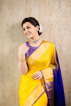 Yellow with Blue soft silk saree