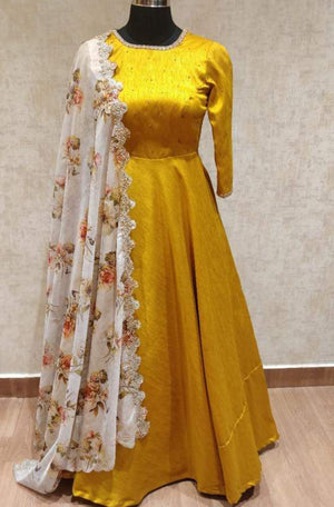 Mustard Anarkali Paired with a Floral Duppatta
