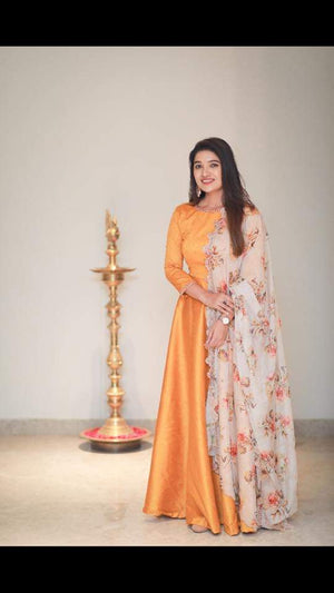 Mustard Anarkali Paired with a Floral Duppatta