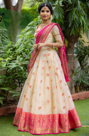Off White & Rani Pink Traditional Half Saree Set