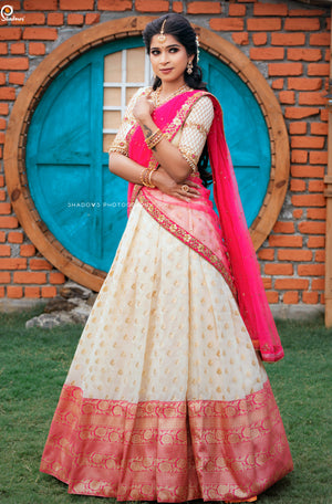 Off-White & Rani Pink Traditional Half Saree