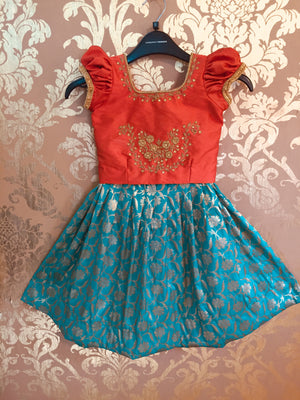 Brocade Knife Pleated Skirt with Raw Silk top
