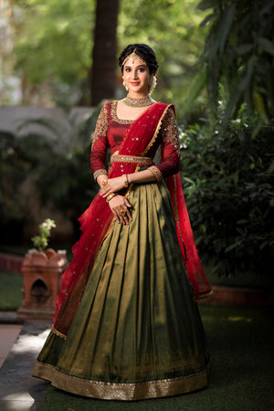 Forest Green and Maroon Half Saree Set