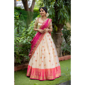 Off White & Rani Pink Traditional Half Saree Set