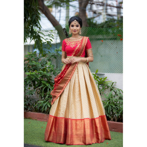 Gold-Beige & Red Traditional Half Saree Set ✨