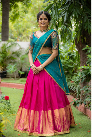 Teal Green & Rani Pink Traditional Half Saree Set
