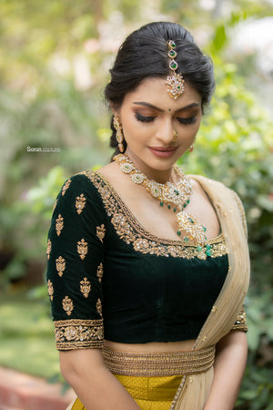 Bottle Green And Gold Shaded Half Saree