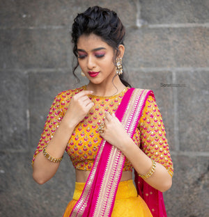 Yellow and Pink Half Saree Set