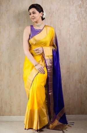 Yellow with Blue soft silk saree