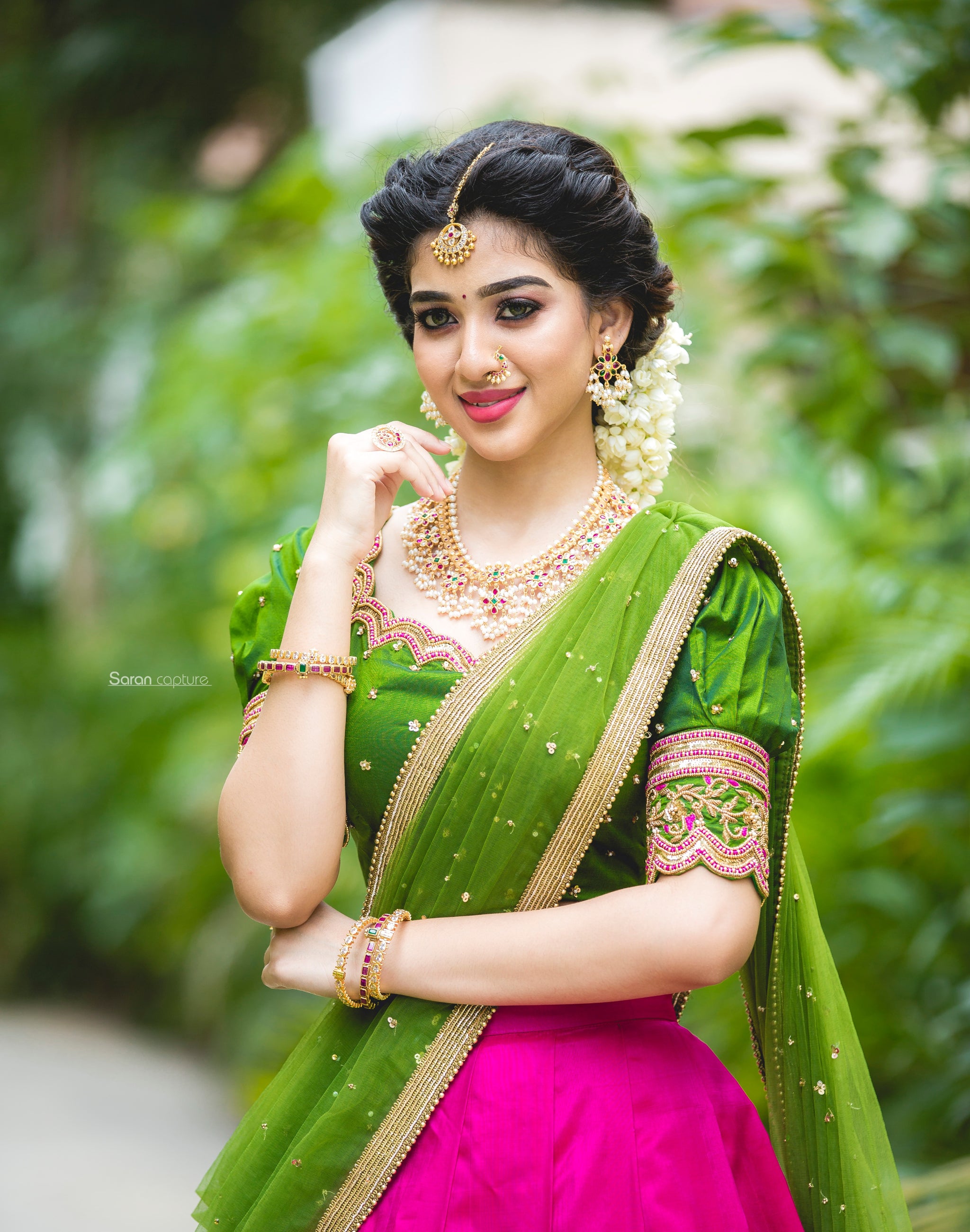 Priya Augustin in green and pink pattu saree  Fashionworldhub