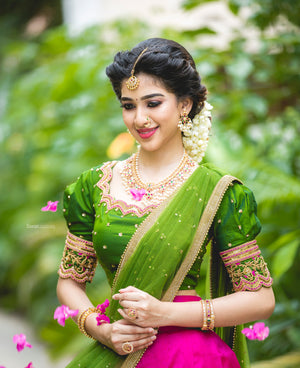 Rani pink & Parrot green Traditional Half Saree