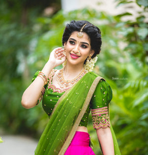 Rani pink & Parrot green Traditional Half Saree