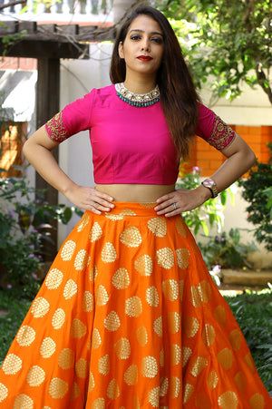 Orange & Pink Crop Top - Skirt Set